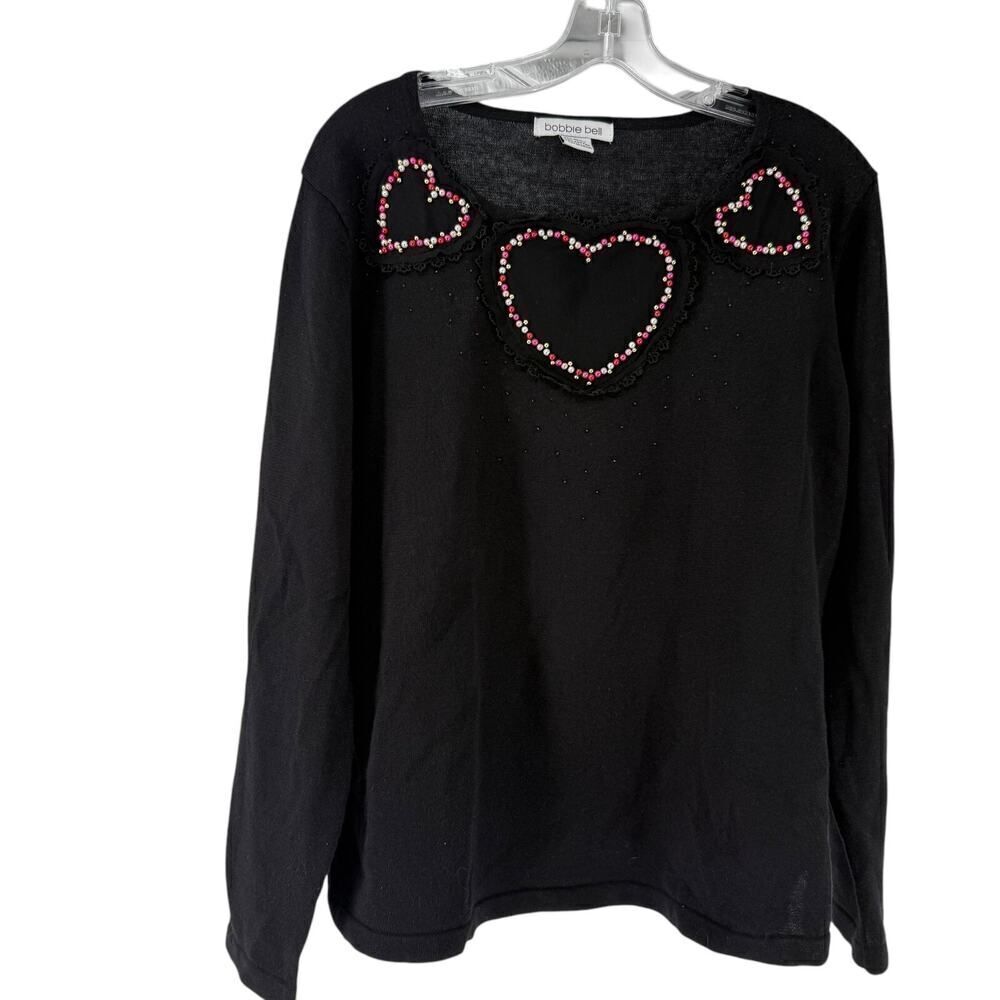 Bobbie Bell Vintage Valentines Sweater Size L Black Heart Beaded Round Neck 90s